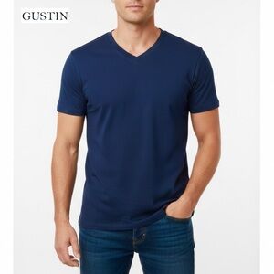 Gustin Men's XXL Blue V-Neck T-Shirt 100% Cotton Made in USA Minimalist Casual